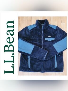 LL BEAN HI PILE FLEECE JACKET PLUSH ZIPPER CHEST POCKET NAVY TEAL MEN'S MEDIUM